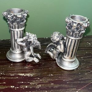 Pewter Cherub Angel Candlestick Pair Heavy Unique Set